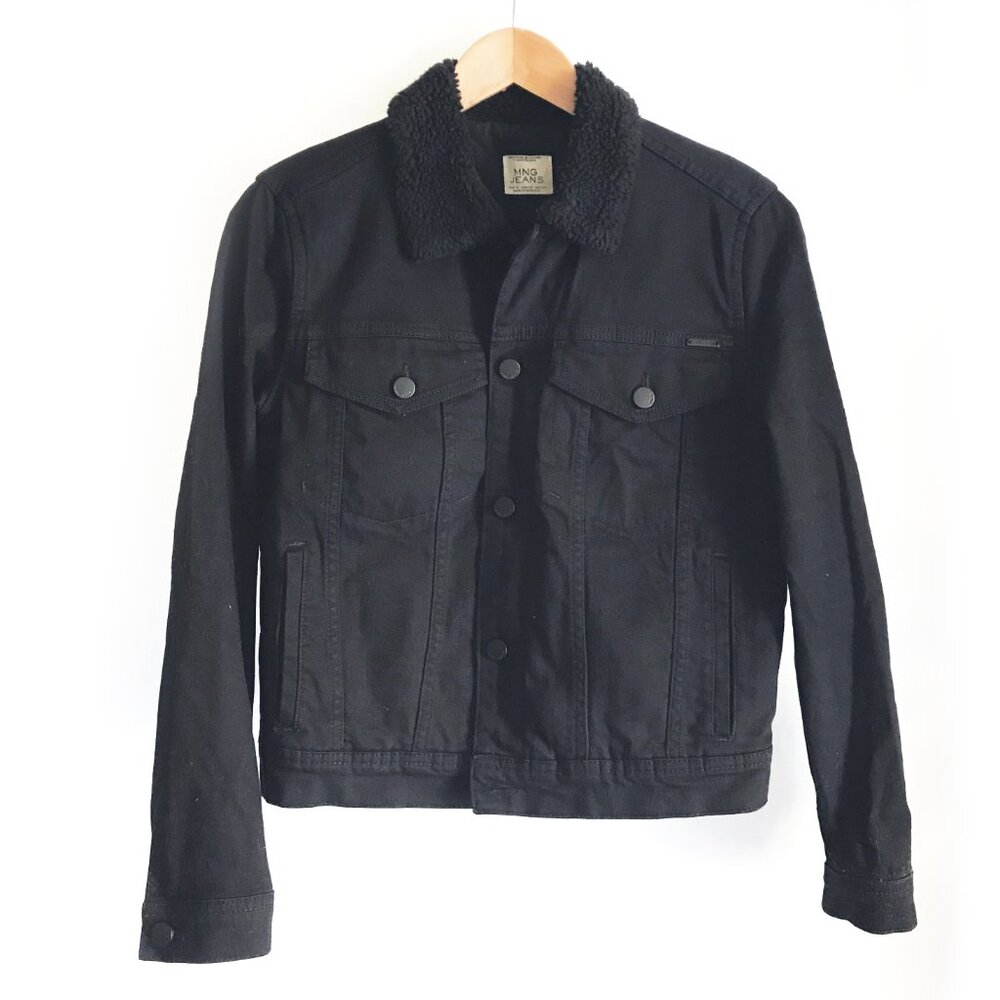 MNG Jeans Black Denim Sherpa Collar Trucker Jacket XS